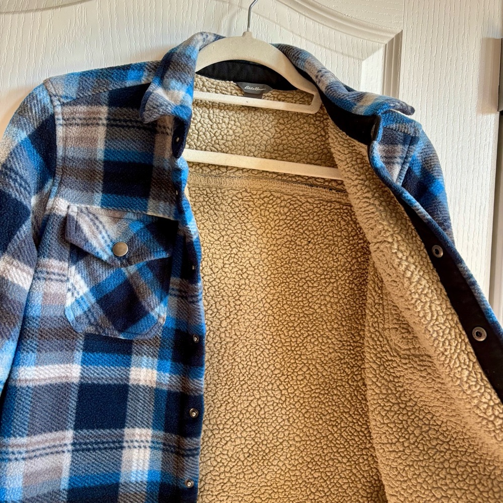 Boys Eddie Bauer Flannel Blue Plaid Sherpa Lined  size 10/12 - Picture 6 of 8